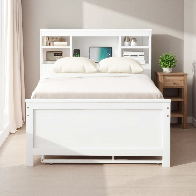 Lit plateforme avec tête de lit, USB, lit gigogne simple et 3 tiroirs, Lit simple, Blanc