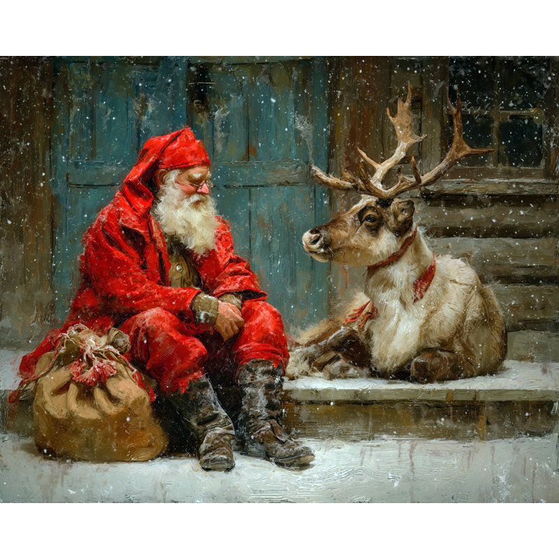 «Santa and Reindeer Rest», art mural sur toile tendue, 12 po x 16 po