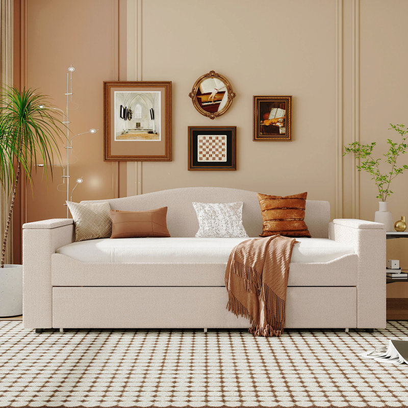 Upholstered Daybed With Storage Armrests, Trundle And Latest Integrated Bluetooth Audio System, Teddy Fleece, Beige, Twin