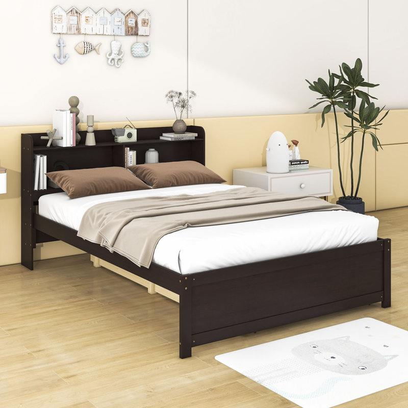Sinem Platform Bed with Trundle and Storage Headboard, Full / Double, Espresso