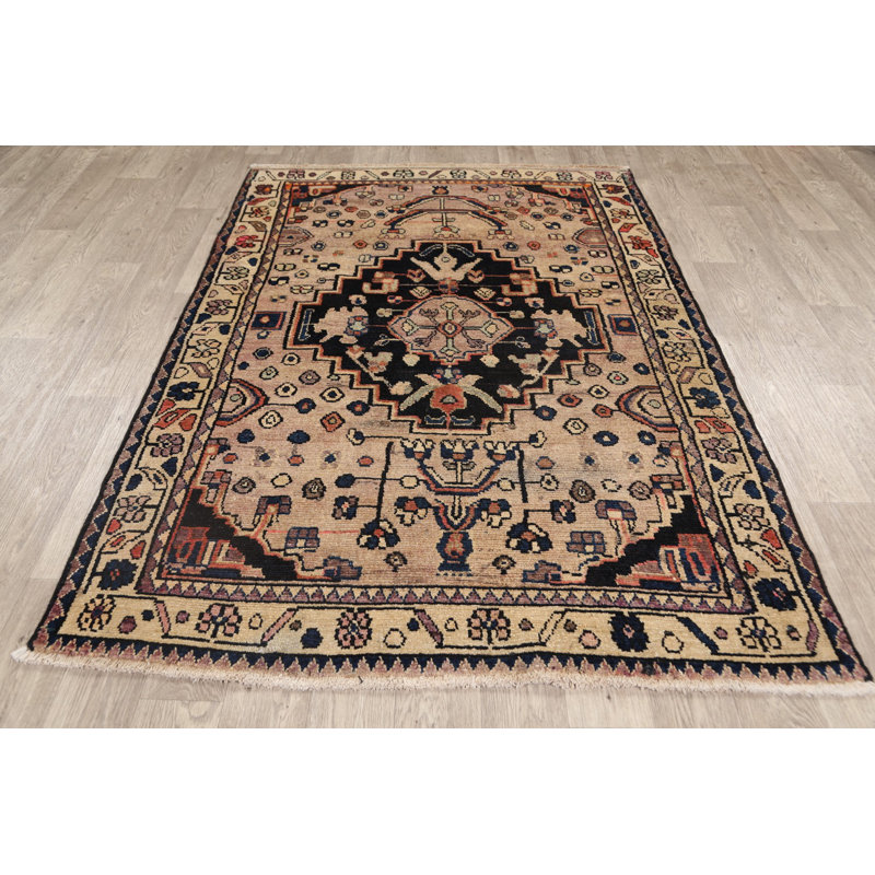 Tapis unique en laine noué à la main Bakhtiari des années 1950 de 4 pi 9 po x 6 pi 10 po beige Calae