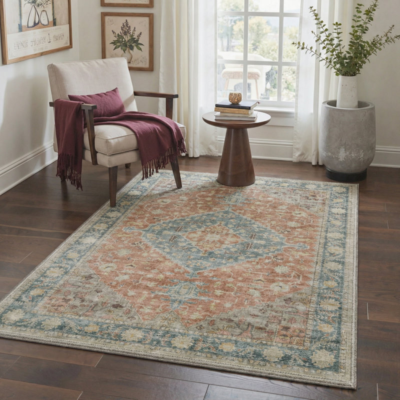 Vesper Vintage Medallion Machine Washable Blue / Orange Indoor Area Rug with Non-Slip Backing, Round 5'