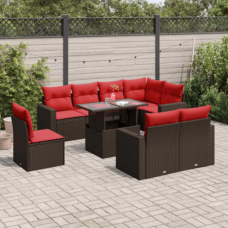  Ensemble de canapé de patio 9 pièces avec coussins en rotin de polyester noir, Rouge, Brun