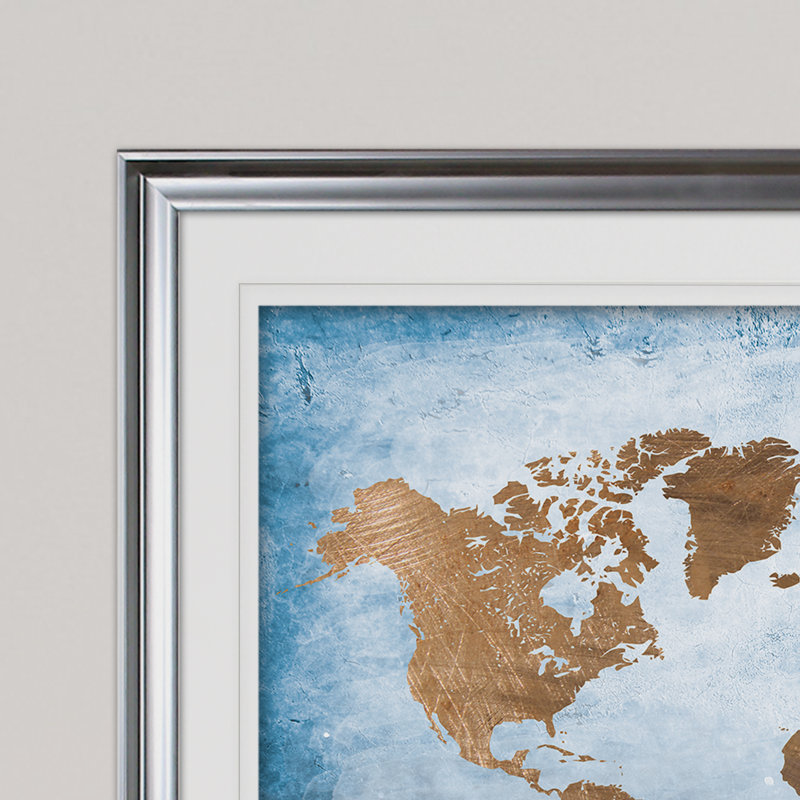 Washy World Map - reproduction d'art encadrée, Argent, H 30 po x l 40 po x P 1,5 po