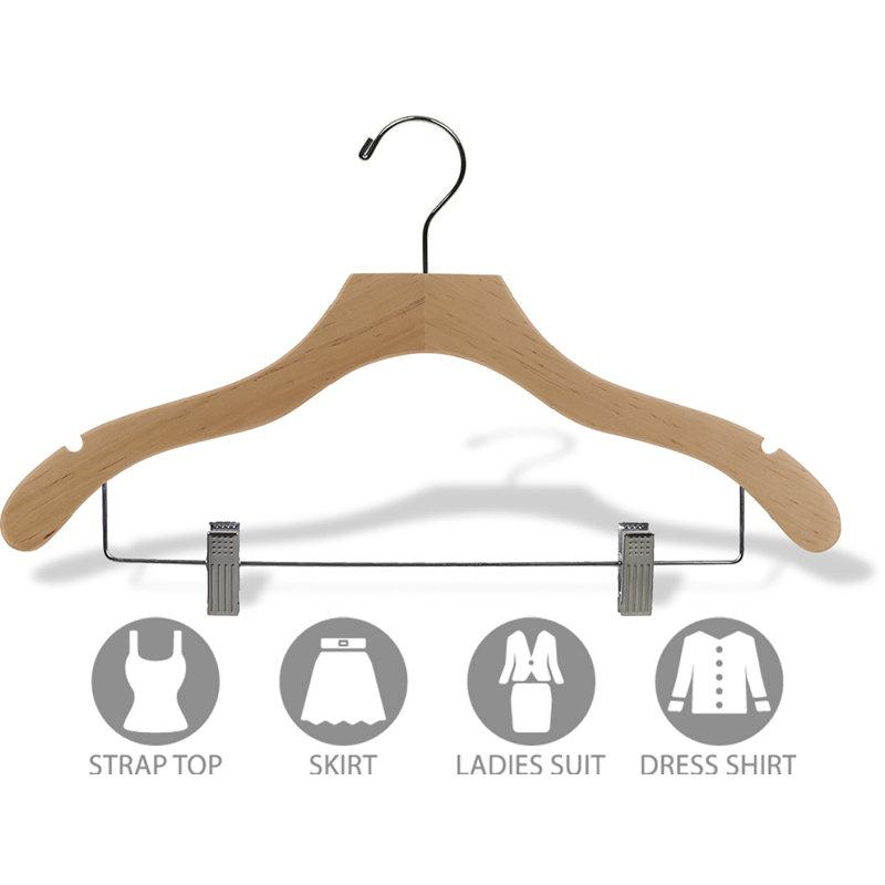 Cintre combiné en bois ondulé avec pinces de coussin réglables pour jupe / pantalon, Naturel