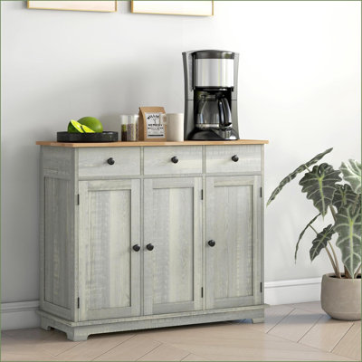 Buffet moderne gris clair vieilli avec plateau en bois d'hévéa massif | 3 tiroirs, tablette réglable | Panneau de fibres à densité moyenne