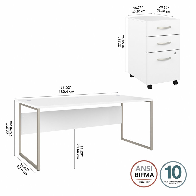 Desk And 3 Drawer Mobile Pedestal, 29.91" H x 71.02" W x 29.37" D, White