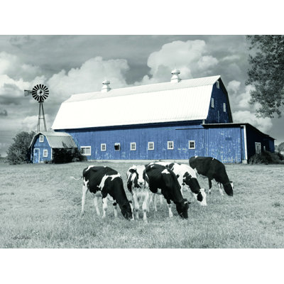 «Blue Barn with Cows» par Lori Deiter - reproduction d'art sur toile tendue