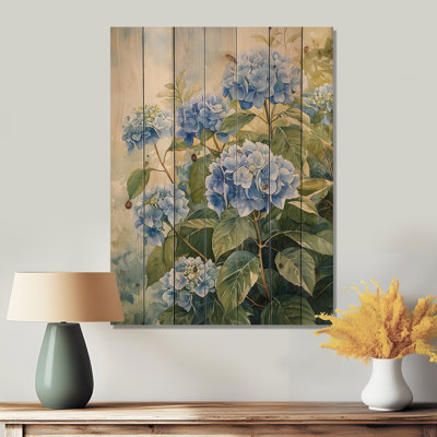 Hortensias dans la brise d'été II - Art mural en bois d'hortensias - sur bois de pin naturel