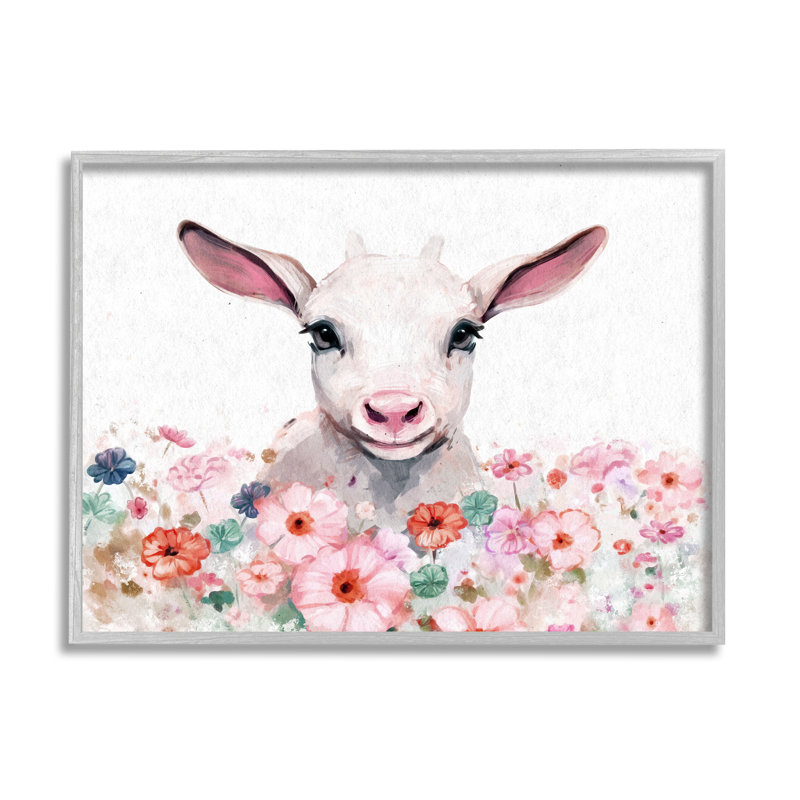 ba-940, reproduction encadrée sur toile «Mouton et fleurs roses» par Ziwei Li, H 24 po x l 30 po x P 1,5 po