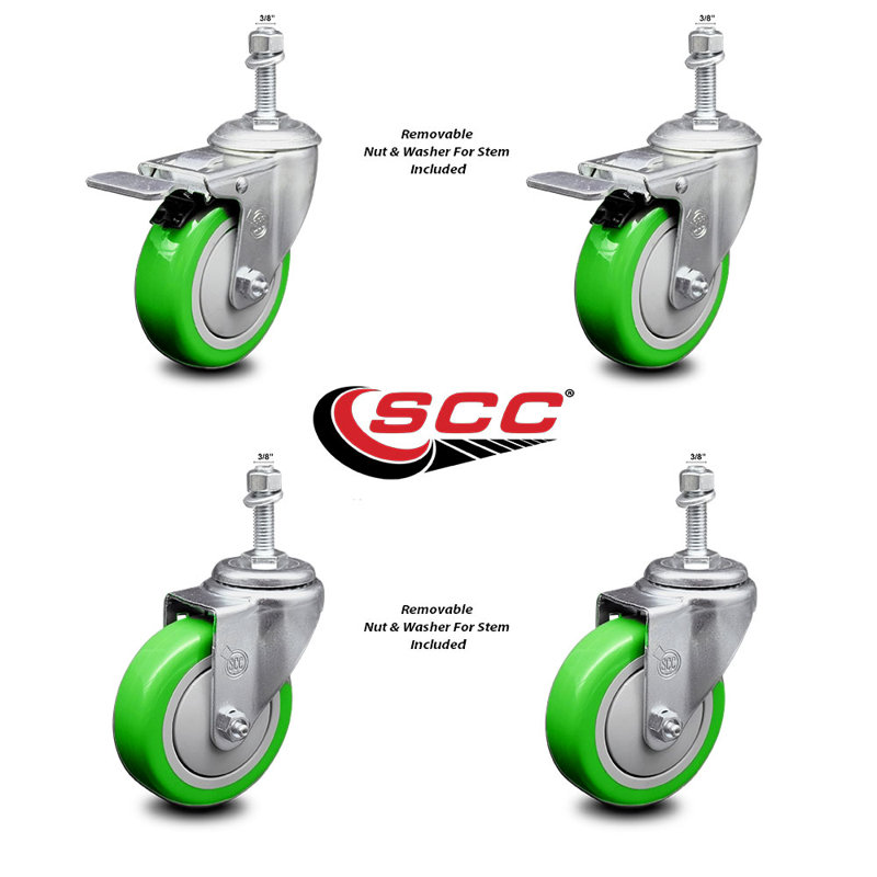 4 Inch SS Green Polyurethane 3/8 Inch Threaded Stem Caster Set 2 Total Lck Brake
