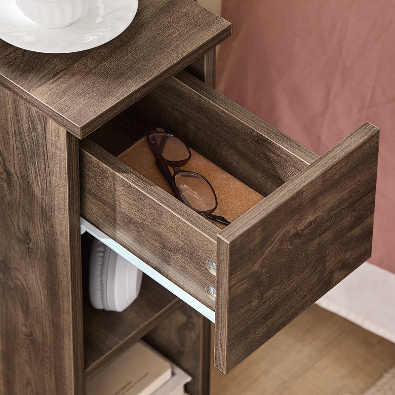 Brown Narrow End Table Nightstand with Sliding Drawer and Open Compartment,Bedside Night Stand, Brown, Brown