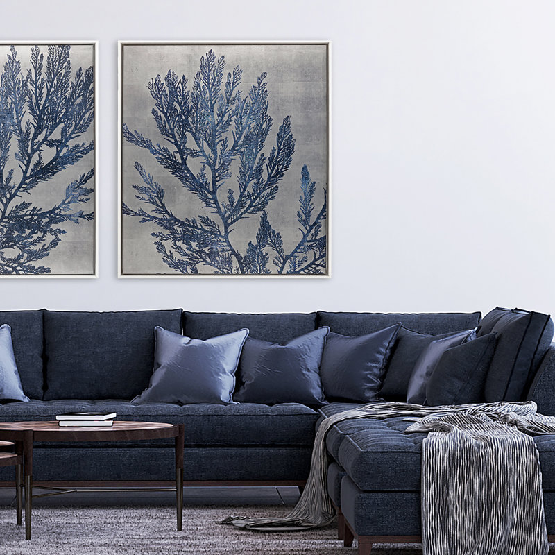 Blue Sea Leaf Print on Canvas with White Wood Frame