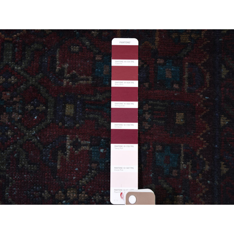 Tapis de couloir bleu marine/rouge de conception unique 3 pi 6 po x 9 pi 1 po noué à la main 1980s Tapis décoratif