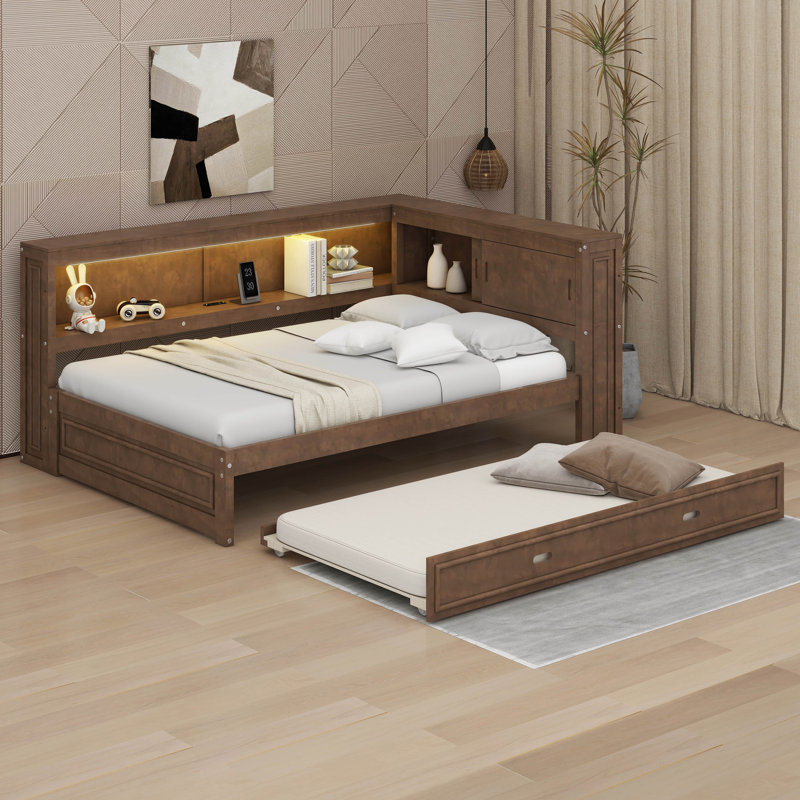 Full Size Wood Daybed With Storage Shelves, USB, LED, And Trundle, Antique Wood