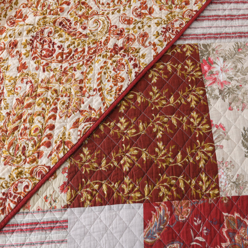 100% Cotton Floral Pattern Reversible Patchwork Quilt Set, King Comforter  + 2 King Shams, Red