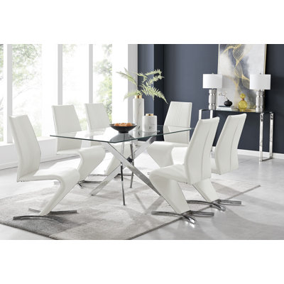 7-Piece Metal and Glass Dining Table Set with 6 Faux Leather Upholstered Chairs and Rectangular Table
