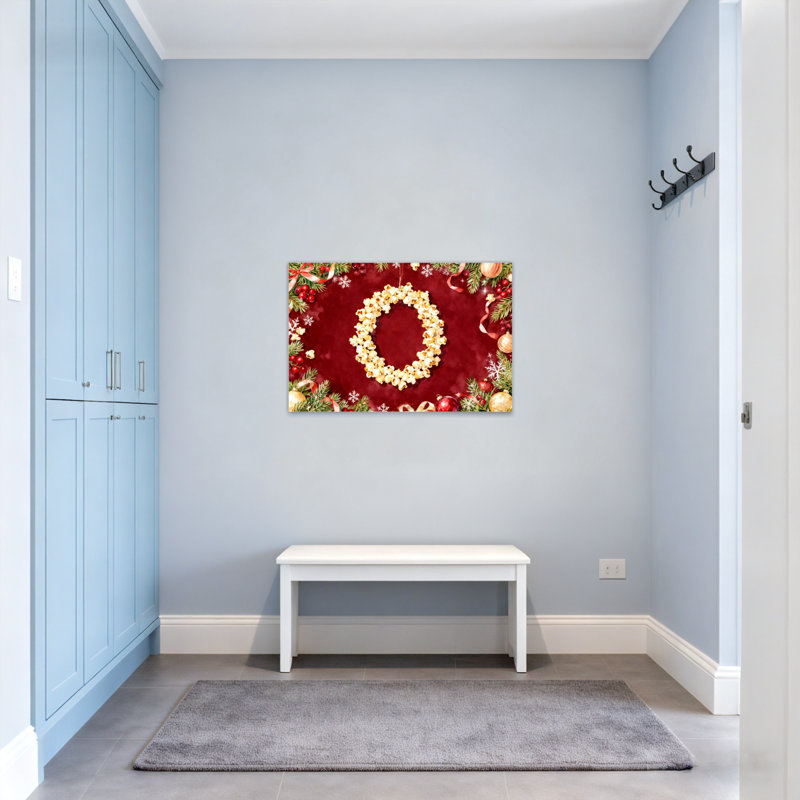 Guirlande de Noël Popcorn sur fond rouge Ornements décoratifs Flocons de neige Branches de pin, H 32 po x l 48 po