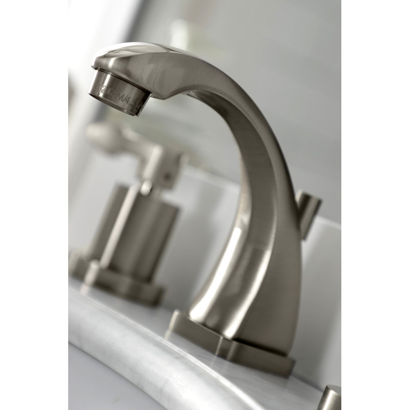 Kingston Brass NuWave Two-Handle 3-Hole Deck Mount Widespread Bathroom Faucet with Brass Pop-Up Drain, Brushed Nickel