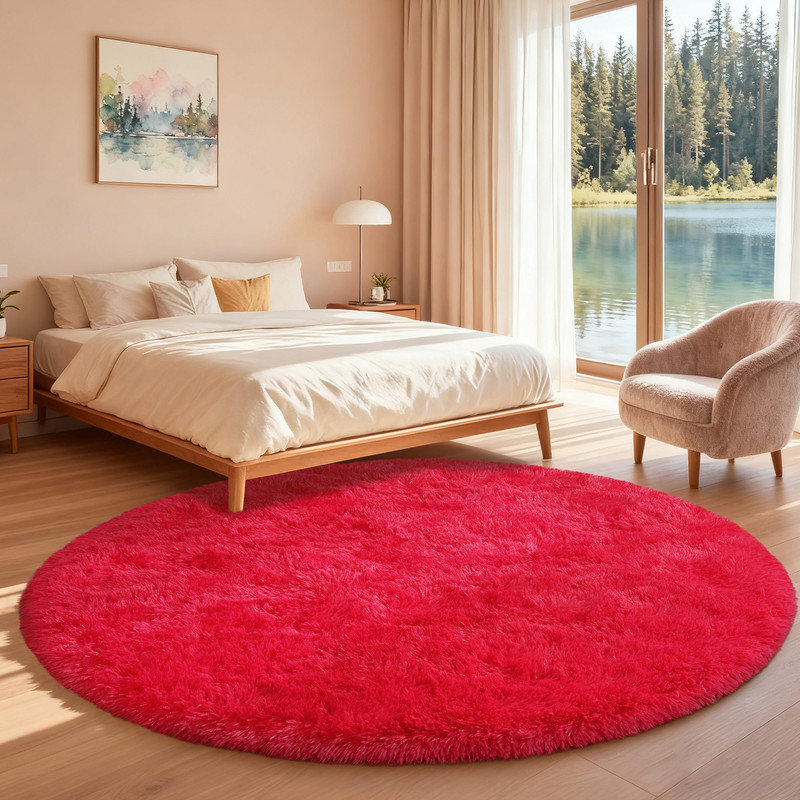 Soft and Fluffy Round Area Rug Solid Red Design Super Anti-Slip Perfect for Living Rooms, Nurseries, Bedrooms, and Home Offices