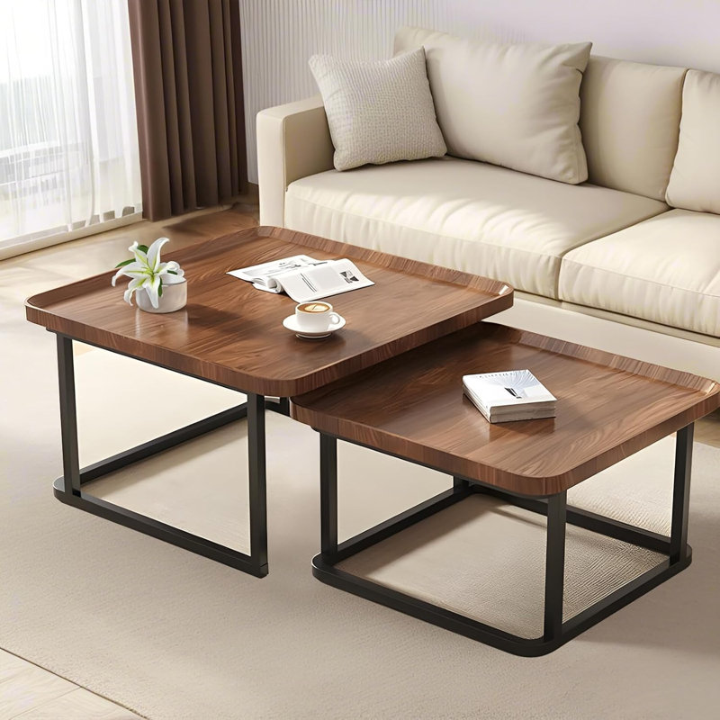 Ensemble de 2 tables basses carrées avec cannelures (noyer)