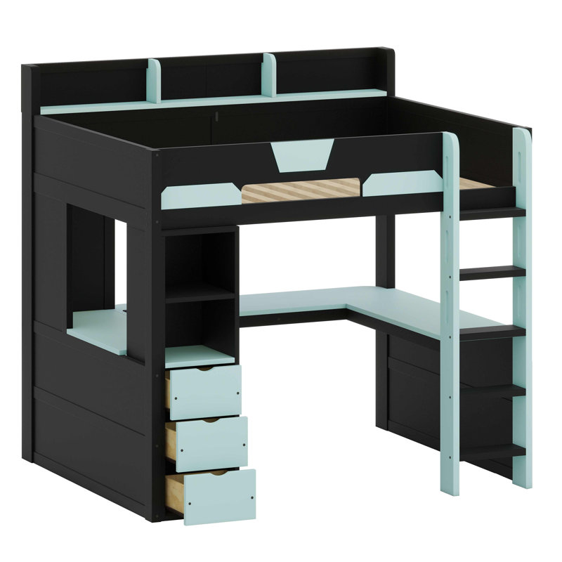 Lit mezzanine Gaming avec bureau en U, lumières DEL RVB, ports USB, tiroirs et tablettes de rangement, Full, Black+Blue