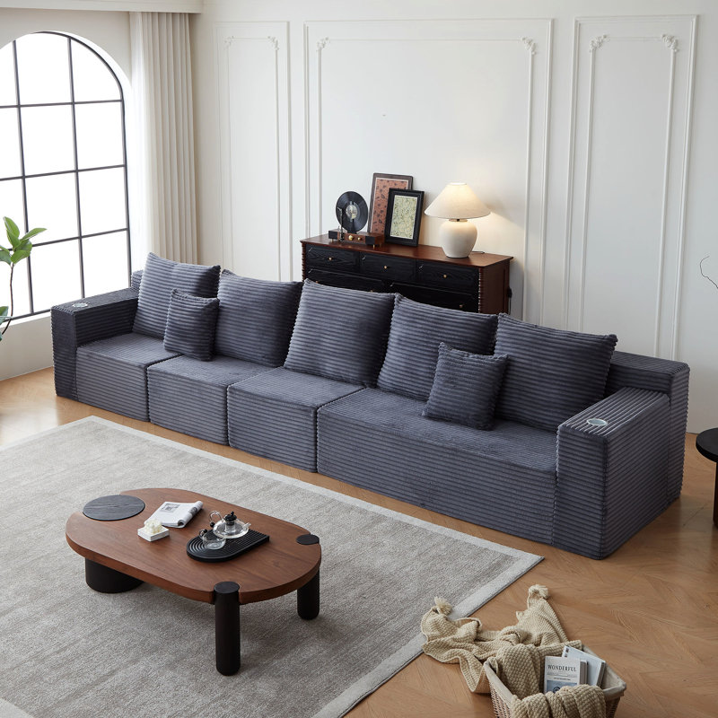 Canapé modulaire en velours côtelé avec 5 sièges, porte-gobelets profonds, gris foncé, style moderne, sans assemblage, idéal pour les aires de jeux, pour les journées de la pomme de terre