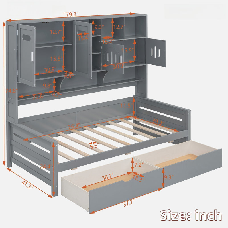 Lit de jour tout-en-un en bois avec 2 tiroirs, armoires et tablettes, Lit simple, Gris
