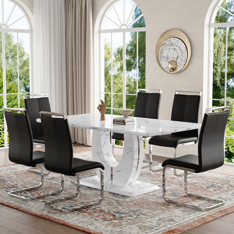 Dining Table Set, White Marble, 7 pieces, Black/Silver
