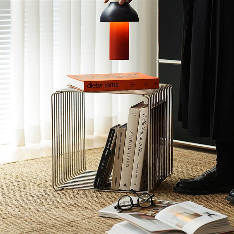Metal Modern Square End Table, Retro Record Stand Magazine Rack Side Table. Suitable for living room, bedroom and study.Silver