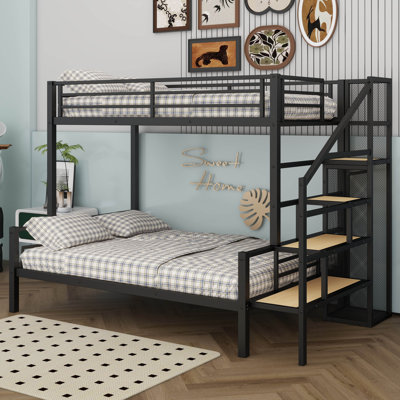 Lit superposé simple au-dessus d'un lit double avec escalier, structure de lit superposé en escalier en métal avec rangement et garde-robe ouverte, pour enfants, adolescents, adultes