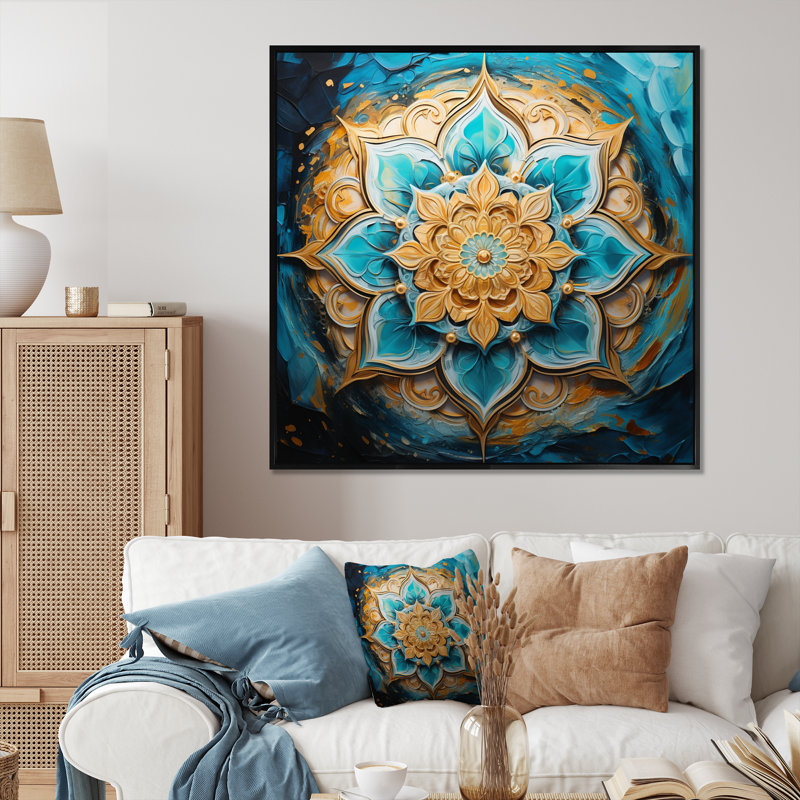 Divine mandala sur toile rétro or et turquoise I sur toile, 36" H x 36" W, Cadre flottant noir