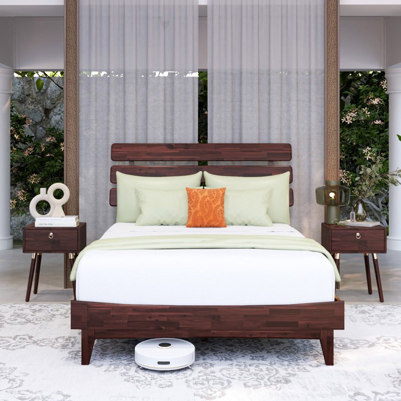 Lit plateforme en bois massif avec tête de lit ajustable Caden, style Mid-Century moderne, Grand, Noyer