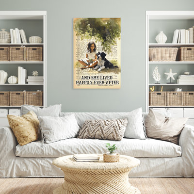 Girl With Her Dog Lived Happily Ever After Gallery Wrapped Canvas - For Girl Illustration Decor, Red And Beige Home Decor