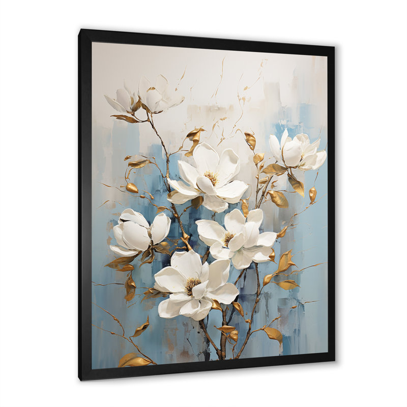 «Magnolias Blossom» blanc et bleu sur toile, Cadre simple noir, H 32 po x l 16 po x P 1 po