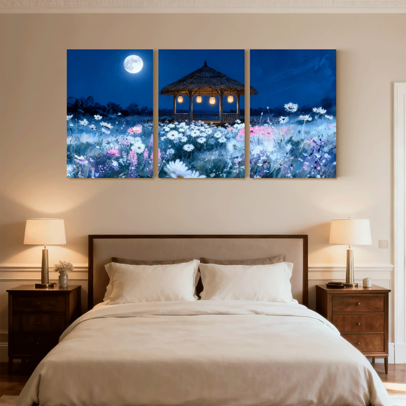 Assortiment de bouquets de fleurs au clair de lune, champ de nuit, champ de nuit, ensemble de 3 impressions sur toile