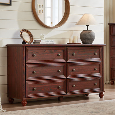 Commode 6 tiroirs pour chambre à coucher, commode en bois de ferme de 54 po de largeur, commode télé de style rétro, organisateur de rangement rustique avec placard à poignées en métal pour le salon, couloir