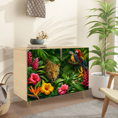 Sideboard Buffet Cabinet with Storage seamless Jungle Leopards tropical leaves flowers Dark exotic forest with 2 Doors for Living Room and Kitchen
