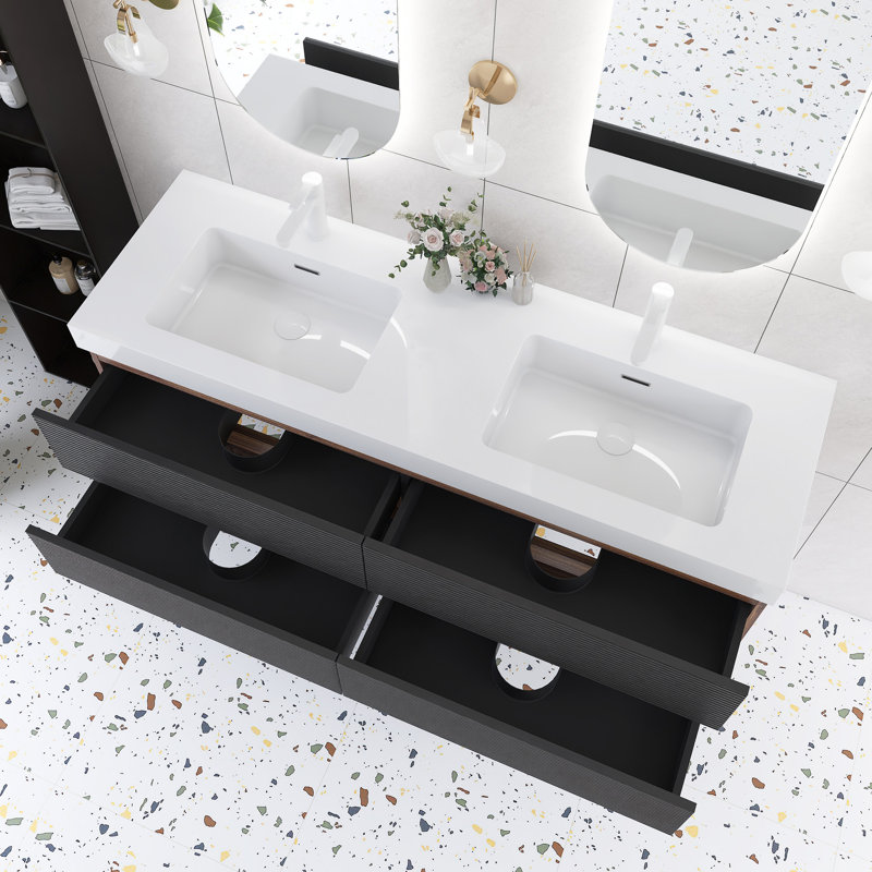 60''Wall-Mounted Double Bathroom Vanity In Brown With White Integrated Solid Surface Top