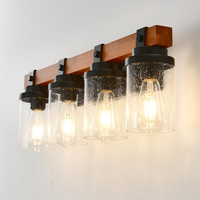 Lampe murale noire et en bois à 4 lumières avec abat-jour en verre (sans ampoules) pour le couloir de la salle à manger