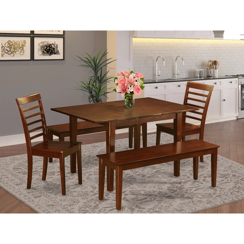 Ensemble de table de salle à manger 5 pièces comprenant une table de cuisine rectangulaire avec rallonge papillon et 2 chaises de salle à manger avec 2 bancs, acajou