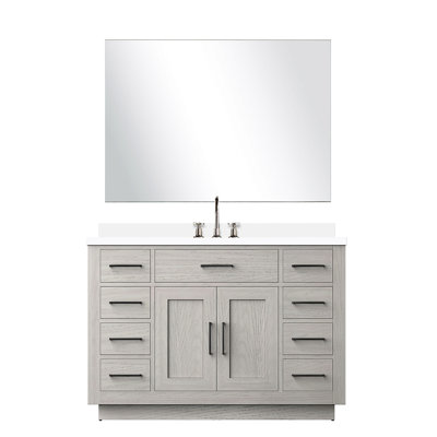 Meuble-lavabo simple en chêne blanc 48 po Large, profondeur 22, comptoir en quartz, 43 miroirs, robinet, baignoire pré-assemblée et prête à l'emploi, surface, paquet