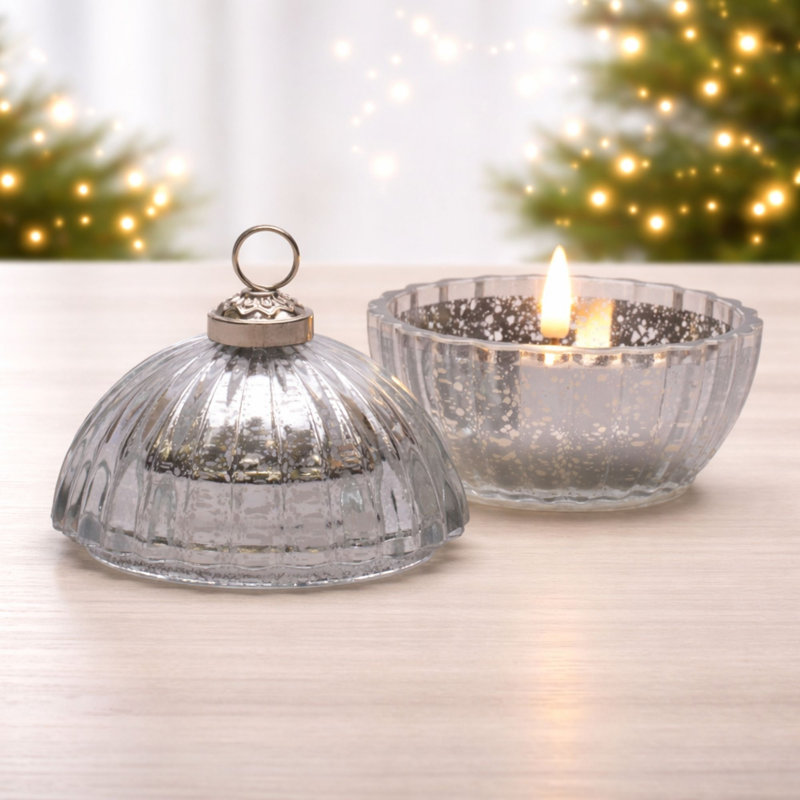 Glass Ornament with LED Candle Inside 4"D, Argent