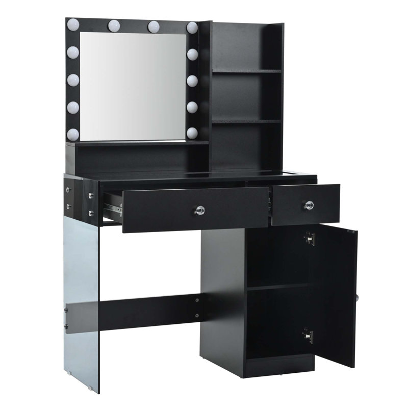 Bureau de coiffeuse avec miroir et 3 modes d'éclairage, coiffeuse de maquillage avec plateau en verre et tablettes de rangement, coiffeuse avec 2 tiroirs et armoire, noir