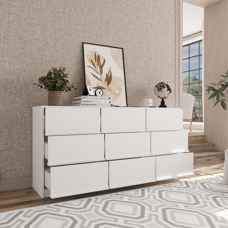 63"-dresser For Bedroom With 9 Drawers, White