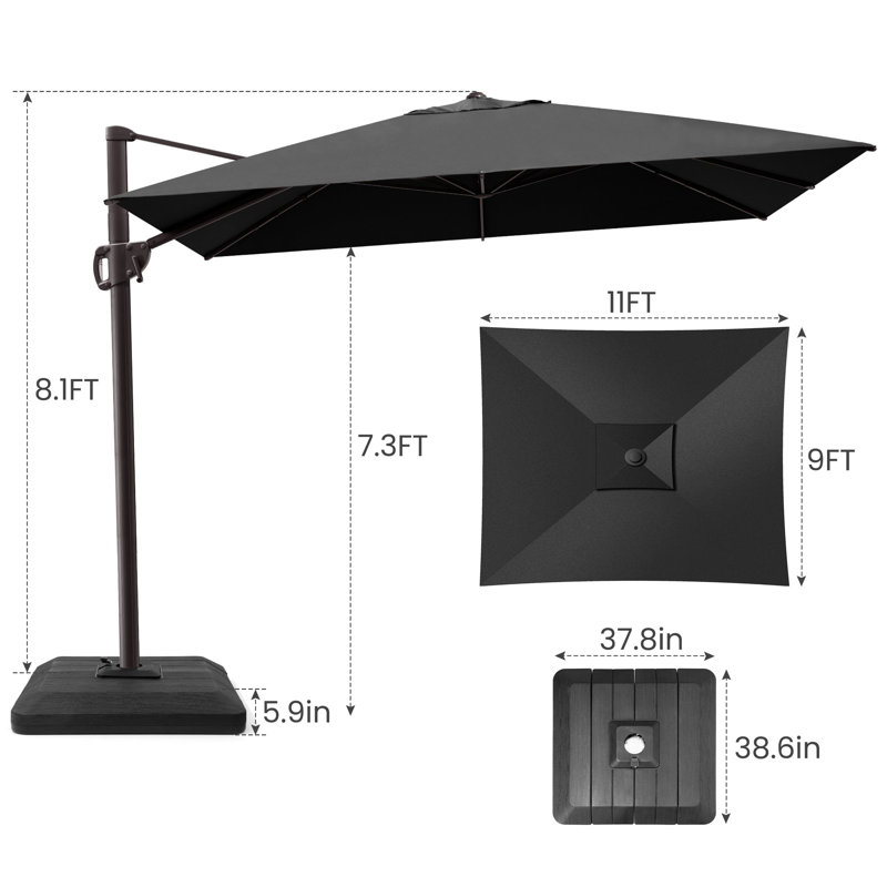 Parasol en porte-à-faux rectangulaire 11 'x 9' avec base lestée, Noir