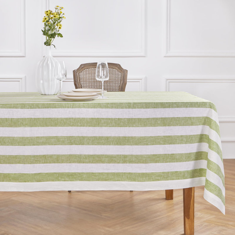 Cabana Stripe - 100% Pure Linen Tablecloth, 144" x 60", Green/White