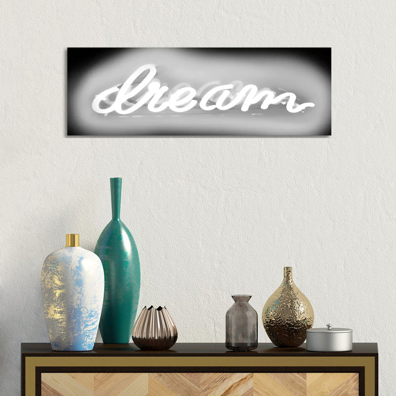 Neon Dream New White On Black by Hailey Carr - Wrapped Canvas Panoramic Print, 30.48 cm H x 91.44 cm W x 3.175 cm D