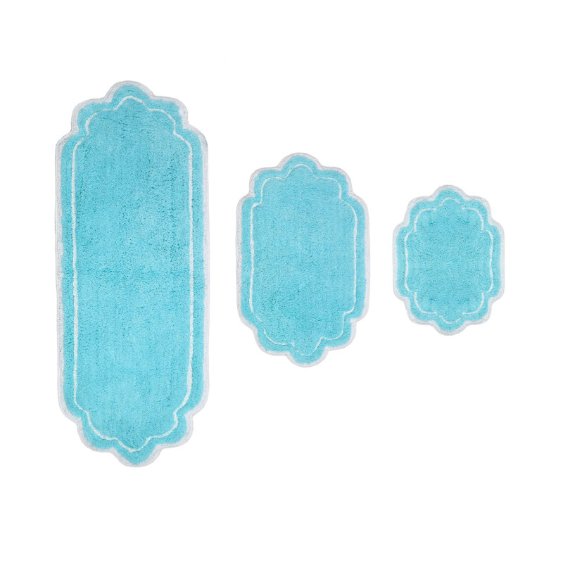 Dobrinka Cotton Bath Rug Set, Machine Washable, Quick Dry, Absorbent - 3 Piece Set, Turquoise