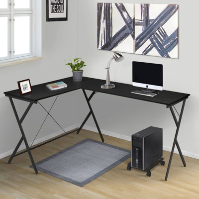 Bureau d'ordinateur en L noir avec support pour unité centrale, parfait pour les petits espaces et l'efficacité multitâche.